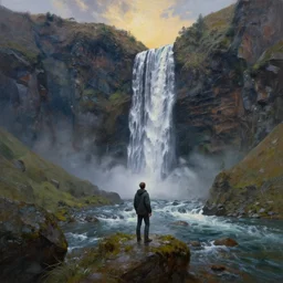 highly detailed wide angle painting of a man standing near waterfall from mountains at the time of evening, canvas fantasy oil painting, art by greg rutsowski, concept art, 8 k detail post - processing