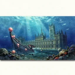incredible wide screenshot, ultrawide, simple watercolor, rough paper texture, ghost in the shell movie scene, underwater westminster palace!!!!, backlit shot, underwater, boat wreck, bouys, fishing net, fish shoal, reef, boulders, pencil marks, shinjuku, koji morimoto, katsuya terada, masamune shirow, tatsuyuki tanaka hd, 4 k, remaster, dynamic camera angle, deep 3 point perspective, fish eye, dynamic lighting