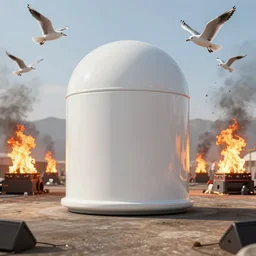 realistic cinematic views of a orwellian coachella with fires in the background and dead seagulls falling from the sky in front of the main stage worshipping a large statue of kylie jenner, hyper detailed, terror glows, hyper realistic, digital painting, 8 k, 3 5 mm film grain, octane render