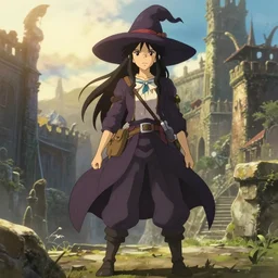 a full body portrait of an explorer witch, sun lighting, finely detailed features, perfect art, at an ancient city, gapmoe yandere grimdark, trending on pixiv fanbox, painted by greg rutkowski makoto shinkai takashi takeuchi studio ghibli