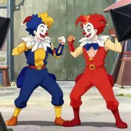 “portrait of two jesters, street fighting, superpowers, anime, movie set”