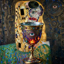 The Cup of Sorrows by Karol Bak, Jean Deville, Gustav Klimt, and Vincent Van Gogh, mystic eye, otherworldly, jeweled embossed elaborate chalice, goblet, cup filled with water, water droplets, tears, crying, fractal structures, arcane, inferno, inscribed runes, infernal relics, ornate gilded medieval icon, third eye, spirals