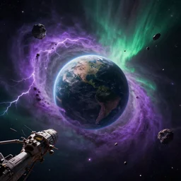 2 0 2 2 sfx masterpiece. weta studios. cgsociety. trending on artstation. golden mean. view of the planet down below. space station pov. screenshot from the new sci - fi metroid film directed by denis villeneuve. 4 k. cinema. close orbital of a new alien world nested within an asteroid belt nebula. purple and green clouds lightning aurora