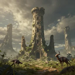 alien landscape, alien wildlife, alien nature, old tower ruin in the center, 8 k uhd, unreal engine, octane render in the artstyle of kuindzhi