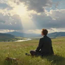 a cinematic landscape view looking at an open field, andy richter wearing a suit and necktie sits in the field looking at the sky, mountains in the distance with a river running down, the sun shines through the parted clouds, digital painting, fantasy, art by alexandre mahboubi and christophe oliver