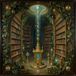 an ancient alien underground library. decorated with foliage, faberge, and filigree. bioluminescent light. pulp sci - fi art. baroque period, oil on canvas. renaissance masterpiece
