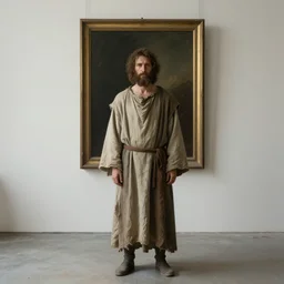 ancient man wearing old crumpled robe in front of the framed painting in the minimalistic abandoned overgrown art gallery, photorealistic, highly detailed, digital painting, cinematic lighting, by rutkovski and simonetti and beksinski