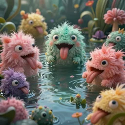 intricate murky colorful pond with strange cute fluffy friendly happy creatures with huge eyes long tongue and funny face appearing from the water, in the style of craola, macro lens, shallow depth of field, highly detailed, digital painting, trending artstation, concept art, illustration, cinematic lighting, vibrant colors, photorealism, epic, octane render