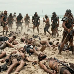 An army of rebels and an army of warriors fight each other for supremacy, but with no side on the winning hand, this battle could go on for a long time. The dead of one side are spread around the beach and the faces of the fighters are hopeful with victory in mind and their muscles tense and anxious, they take on their enemies