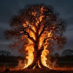 evil tree on fire, photorealism, sharp focus