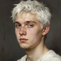 close-up oil portrait of young man with white hair, wearing an earring, in white shirt, realistic, by Orest Kiprensky