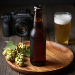 dslr food photography of a brown beer bottle, on a wooden plate, with hop plant decoration and a glass of beer on the side, macro shot, hasselblad, 1 0 0 mm f 1. 8, dimmed lightning