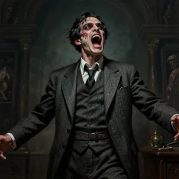 photorealistic horrifying image of a screaming man wearing a 1 9 2 0 s suit with his arms out with thamudic writing on his skin, by richard corben, atmospheric lighting, dark, brooding, painted, intricate, ultra detailed, well composed, best on artstation, cgsociety, epic, stunning, gorgeous, intricate detail, much wow, masterpiece, cinematic aesthetic octane render, 8 k hd resolution,