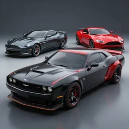 a muscle car based on nissan, aston martin and chevy sports car body styles, with black and red paint, nissan sports cars, chevy sports cars, trending on artstation, unreal engine, studio lighting, hyper realistic, by jotaautomotive, nancorocks and khyzylsaleem
