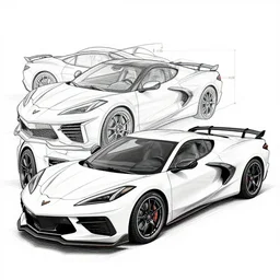 technical concept diagram, highly detailed line art of a car that is a combination of a corvette c 8 and a cadillac lyriq