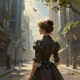 portrait of a victorian lady in a futuristic city, from behind, streets, birds in the sky, sunlight and rays of light shining through trees, tall buildings on the sides, beautiful, solarpunk!!!, highly detailed, digital painting by Michael Garmash, Donato Giancola