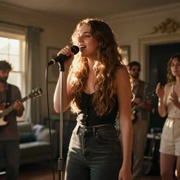 home video footage of a woman singing on the stage at home party, long shot, sun lighting, normal tone,