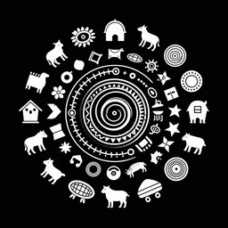vector art of old symbols on perfect clean black background arranged on a circle, featured on behance, clean design, spiral design, animals, geometric design, vector art, adobe illustrator,