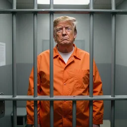 donald trump dressed in orange prison uniform in a prison cell, jail bars, framing - medium shot, natural light failing on his face, by terry richardson