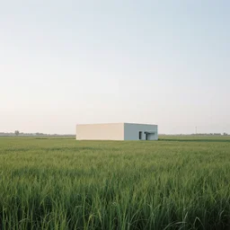 A serene landscape with a singular building in the style of Christophe Young.