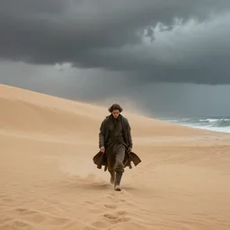a cinematic wide angle shot of a man in his early twenties walking on the sand towards the camera with his head down, sea behind him, in the 2 0 2 1 movie dune, the sand is in the form of a wave, stormy weather, dry, film still, cinematic, dramatic lighting, by zack snyder