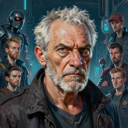 a beatiful painting of portrait, An angry wrinkled old fisherman, cyberpunk, by Mizuri AU and Soufiane Idrassi and BONDARTS and Tomasz Alen Kopera and Klaus Wittmann and Deathburger and Daniel Romanovsky and Aku, trending on artststion