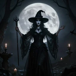 occult witch hailing the full moon in a satanistic ritual, dark, mysticism, highly detailed, beksinski, 8 k, ultra high quality, cinematic lighting, dramatic, elegant, hyper realistic, zen