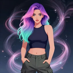 a award winning half body portrait of a beautiful woman with stunning eyes in a croptop and cargo pants with ombre purple pink teal hairstyle and hands in pockets by thomas danthony, surrounded by whirling illuminated lines, outrun, vaporware, shaded flat illustration, digital art, trending on artstation, highly detailed, fine detail, intricate