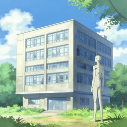artwork of a building and humanoid in a nice scenery in the style of tekkonkinkreet,