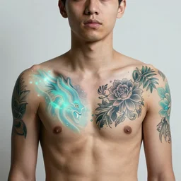 a young man has beautiful glowing tattoos on his chest and shoulders, that change color and shape according to his emotions by john atkinson grimshaw and hiroshi nagai, style of futuresynth