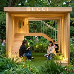 a portrait of a hidden garden wooden play place, people wearing gucci and gucci glasses exploring, glowing lights, style by gucci, wes anderson, david hockney, greg rutkowski, and mark ryden, artstation cgsociety, sharp focus, digital art, high detail, 8 k, unreal engine, cinema 4 d, film grain, octane render,