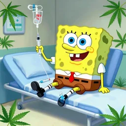 spongebob squarepants at the hospital in patient gown, syringes, Intravenous Cannulation Periprocedural Care, marijuana greenery, digital art