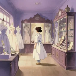 a girl in victorian dress looking around interior of a antique dress and jewelry shop, wide angle, light violet color scheme, natural lighting, intricate details, cozy atmosphere, matte painting, illustration, hayao miyazaki