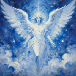 monopoly man as an angel in blue and white clouds oil painting of abstract surrealist forms by yvonne mcgillivray by mandy jurgens by michael divine, powerful eyes glowing highly detailed painting, spiritual abstract forms, symmetrical, trending on art station, abstract emotional, very beautiful, fantasy digital art, highly detailed patterned visionary art, magic symbols, by michael divine, cosmic nebula
