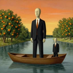 surreal art of rod serling on a boat, on a river, with tangerine trees and marmalade skies in the style of max ernst, rene magritte