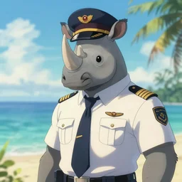 character portrait feature of the anthro male anthropomorphic rhino fursona wearing airline pilot outfit uniform professional pilot character design stylized by charlie bowater, ross tran, artgerm, and makoto shinkai, detailed, soft lighting, rendered in octane, maldives in background