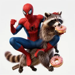 spider - man ride on the raccoon and eating donuts, concept art, trending on artstation, highly detailed, intricate, sharp focus, digital art, 8 k