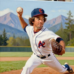a closeup photorealistic photograph of bob ross painting kenny powers pitching a baseball on a canvas. mountains and trees. film still. brightly lit scene. this 4 k hd image is trending on artstation, featured on behance, well - rendered, extra crisp, features intricate detail, epic composition and the style of unreal engine.