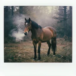 medium shot, an evil horse is walking, woods, horror, fog, the horse is breathing smoke, polaroid photo, vintage, neutral colors, by gregory crewdson,