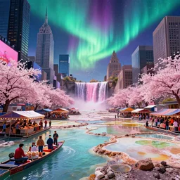 floating markets of times square on new york on danakil depression with acid pools in grand mount roraima during sakura season on an interstellar aurora borealis, pink waterfalls, vendors, festivals, fun, by peter mohrbacher, james jean, james gilleard, greg rutkowski, vincent di fate, rule of thirds, octane render, beautiful landscape