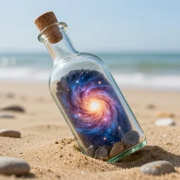 a universe inside of a bottle on the beach, hyper detailed, photorealostic