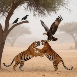 a tiger is fighting an eagle, in a desert, a crow watching on a tree branch, foggy, early morning