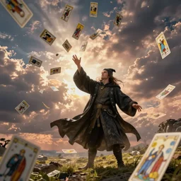 wizard casting spells with tarot cards, throwing cards in the air, tarot cards, tarot, landscape, cinematic view, epic sky, detailed, concept art, low angle, high detail, warm lighting, volumetric, godrays, vivid, beautiful, trending on artstation, jordan grimmer, huge scene, greg rutkowski