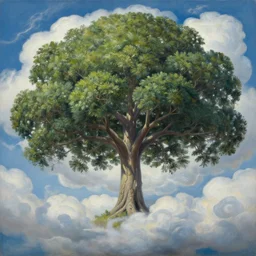 “giant tree of life surrounded by puffy clouds, extreme detail, oil on canvas, in the style of Michael Hutter”