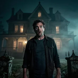 nathan fielder looking surprised while ghost hunting in a spooky mansion, foggy eerie lighting