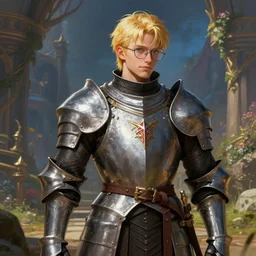 a blond knight in armor with glasses, fantasy, digital painting, dramatic lighting, vibrant setting, realistic shading, unreal engine 5, concept art, ultra detailed, intricate environment