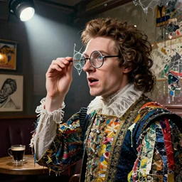 an elizabethan londoner wearing glasses in a coffee shop, side portrait, passionate, spotlight, dramatic, paint drips, textiles, collage, mixed media, paint splatter, scraps, vibrant colors, futuristic clothing, beautiful eyes, broken glass, by marco paludet, by jeremy mann, by hannah hoch