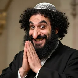 a happy merchant orthodox jew wearing kippah!!!, rubbing hands!!!, evil, tricky!!, black curly beard, black curly hair, black eyes, hooked nose!, by greg rutkowski, artstation, by artgerm, by wlop
