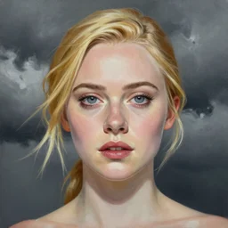 professional painting of Elle Fanning in the style of Quint Buchholz, head and shoulders portrait, symmetrical facial features, smooth, sharp focus, illustration, intricate, stormy weather, extremely detailed masterpiece,