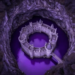 [ purple ] [ palette ], a cavern with a circular limestone castle connected to the cavern walls by a wide bridge, surrounded by a lake of liquid metal glowing purple, aerial view, indigo purple palette